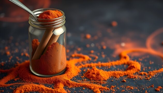 A hyperrealistic culinary composition featuring a glass jar filled with bright orange-red powdered spice, with a metal spoon inserted inside. Scattered powder spills onto the dark surface, forming viv