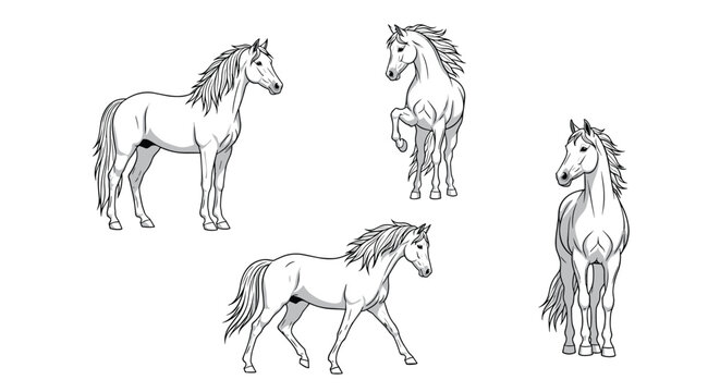Set of four detailed black and white illustrations shows a horse in various standing, walking, and rearing positions.