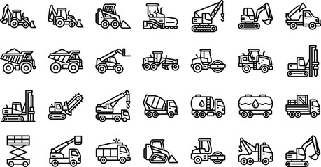 Collection of construction and heavy machinery icons line art on transparent background for design. © MRSTOCK LAB