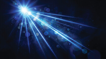 Shimmering blue light rays with lens flare and sparkling particles on a dark blue background for cinematic space and abstract atmosphere effects. © SWEET
