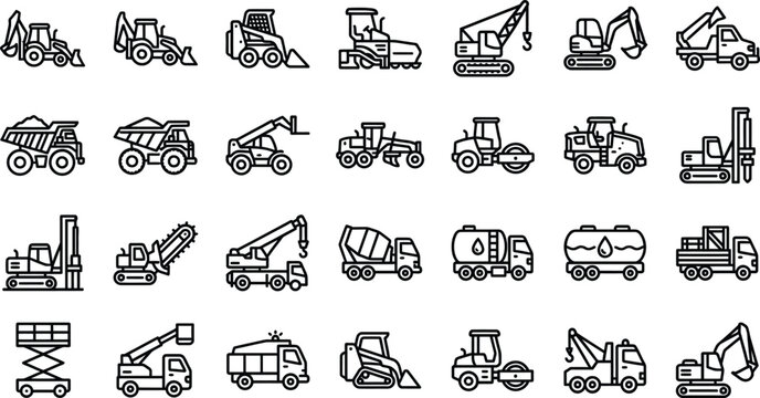 Collection of construction and heavy machinery icons line art on transparent background for design.
