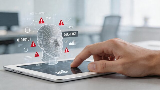 Deepfake detection concept 3d wireframe human head model with digital hologram interface warning icons and binary code overlay technology background