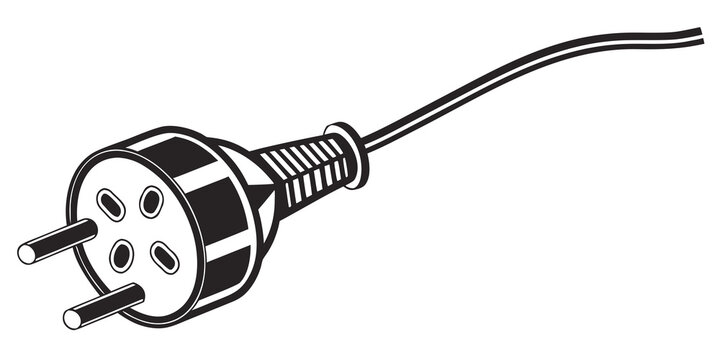 Minimalist black and white graphic icon of an electrical plug with power cord electric electricity connector electronics hardware electrical illustration isolated technology connection