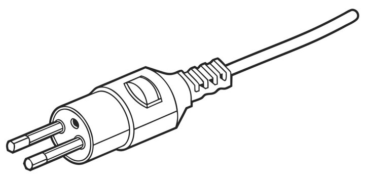Detailed line art sketch of an electrical power plug with cord electrical connector electricity technology connection electronic component hardware illustration monochrome isolated