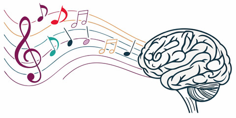 Creative concept of human brain generating colorful musical notes and melodies with creativity intellect composition colorful illustration abstract education intelligence artistic imagination © AG