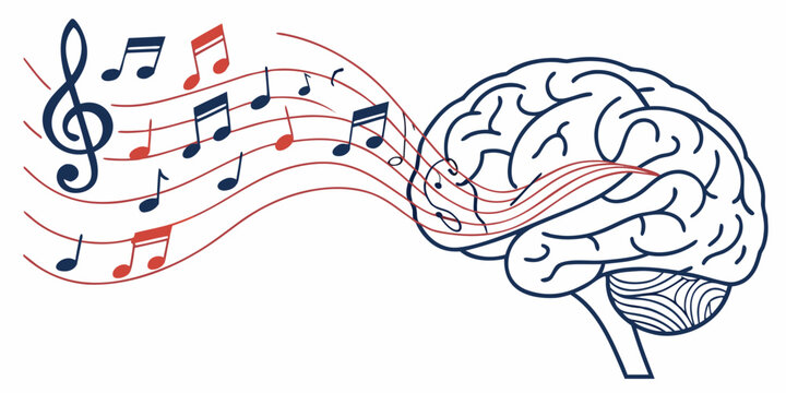 Brain and musical notes conceptual illustration representing music perception with perception illustration neurology psychology cognition creativity intelligence listening vibration abstract