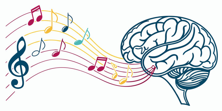 Abstract illustration of human brain connected to musical notation and treble clef with creativity intellect thinking composition illustration colorful abstract education intelligence