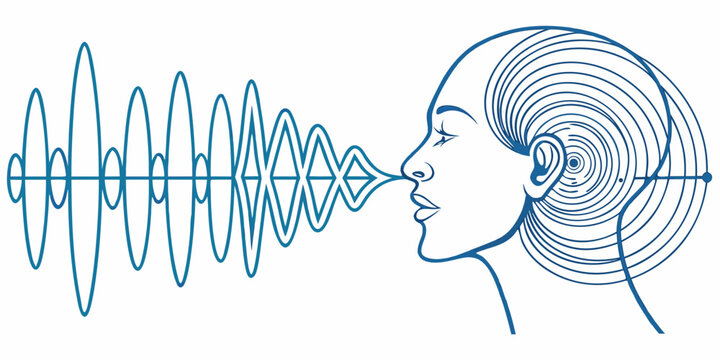 Abstract profile of a human head visualizing sound waves and auditory processing with auditory listening communication waveform vibration frequency psychology analysis technology illustration