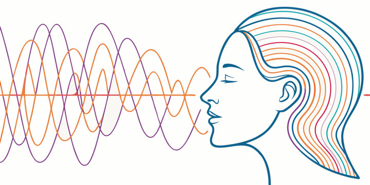 Woman profile silhouette visualizing multi-layered colored sound waves with auditory listening communication waveform vibration frequency colorful analysis technology illustration minimalist