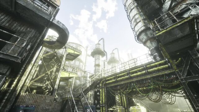 Narrow industrial alley opening to towers, photographer vantage captures depth and convergence, distant towers framed by piping, exploration mood with drone