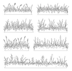 Naklejka premium Grass outline set, Minimal meadow line drawing, Side view wild plants and lawn elements for architecture landscape garden design. Vector illustration, outdoor field section