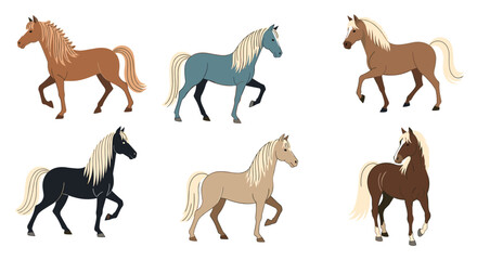 Fototapeta premium Collection of six horse illustrations in different colors and poses including brown, gray, black, and tan breeds.