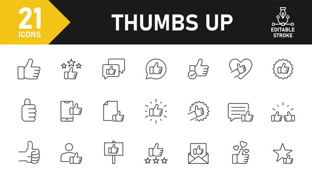 Thumbs up line icon set. Set of 21 outline icons related to thumbs up, like, hand gesture, positive feedback and others. Editable stroke. Vector illustration.