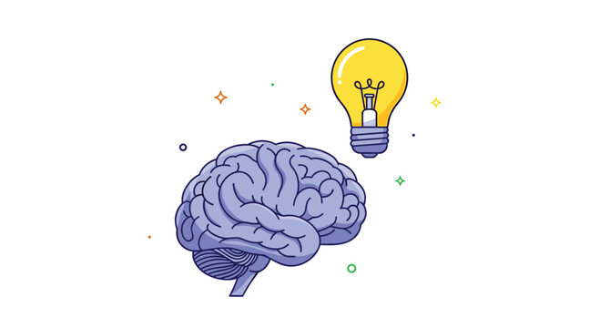 A blue anatomical brain model and a bright yellow glowing lightbulb icon are positioned together on a clean light gray background with colorful sparkles.