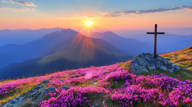 Majestic Sunrise Over Mountaintop Blossoms and Cross