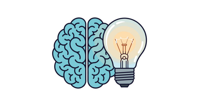 A blue brain graphic positioned directly beside a bright yellow lightbulb glowing with warm illumination is displayed clearly on a clean and simple stark white isolated background.