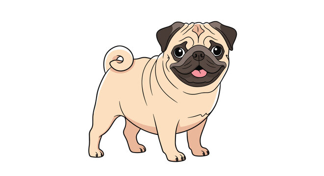 Adorable tan pug dog standing in a side view pose with a happy expression and curled tail on a white background.