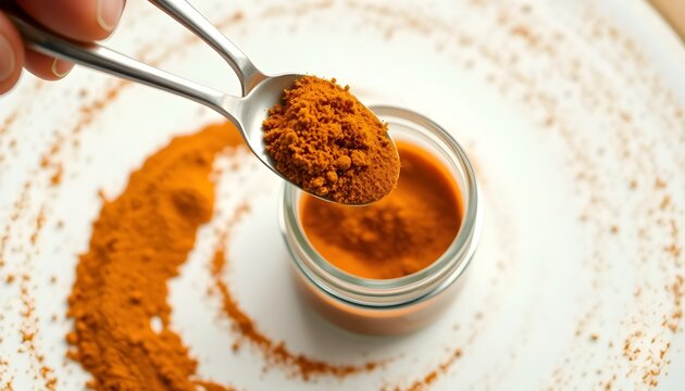 A hyperrealistic culinary composition featuring a small glass jar filled with vivid bright orange powdered spice, placed on a dark surface. A metal spoon above the jar holds the same powder, with scat