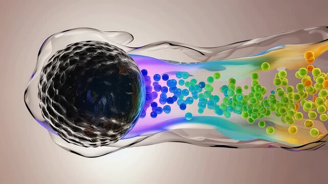Human cell environment, semi-transparent membranes,
colorful nutrient particles entering cells smoothly
