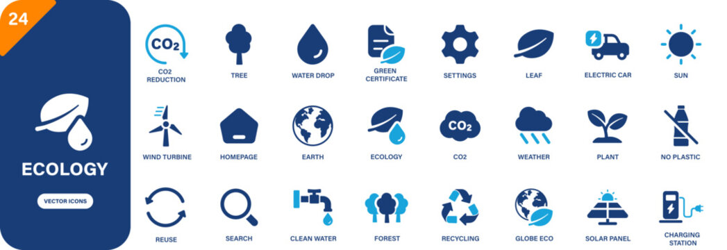 Ecology icon collection featuring co2 reduction, water, green energy, plant and leaf symbols. Solid vector icons.