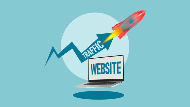 Website traffic growth concept with rocket launch from laptop and rising arrow, digital marketing, SEO analytics, online business success and performance increase