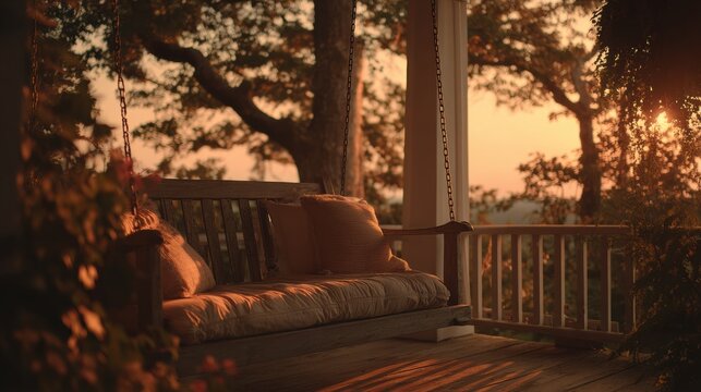 Cozy wooden porch swing with cushions on rustic deck overlooking trees at warm golden sunset evening light
