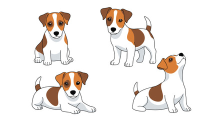 Obraz premium Group of four jack russell terrier puppies in different playful poses like sitting, standing, and lying down, shown in a clean vector style.