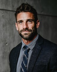 Fototapeta premium Professional executive portrait of a bearded man in dark suit against minimal concrete wall