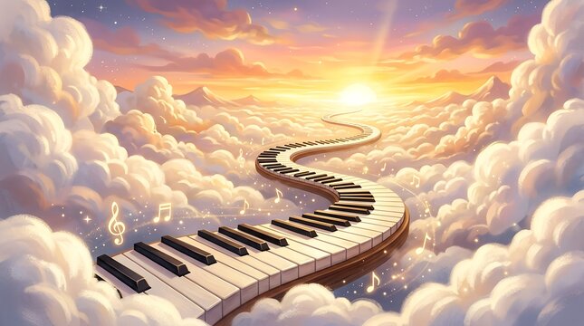 Piano Keys Path Through Clouds Musical Journey