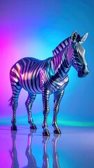 Naklejka premium Shiny zebra statue with reflective chrome stripes on a colorful, gradient background