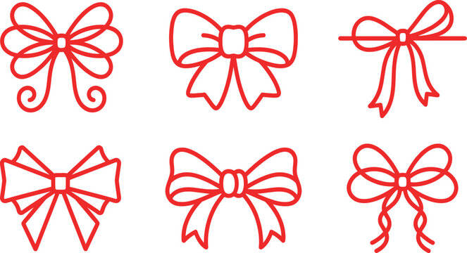 Collection of six decorative red ribbon bows in various styles for gift wrapping and holiday embellishments, simple line art on grey.