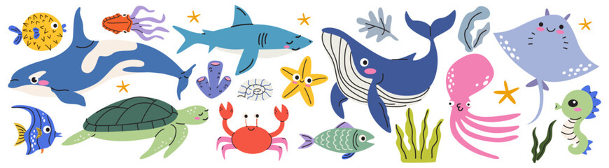 Fototapeta premium Set of cute cartoon sea animals and underwater life. Whale, shark, dolphin, octopus, crab, sea turtle, jellyfish and fish. Flat vector illustrations for nautical decor and ocean themed designs