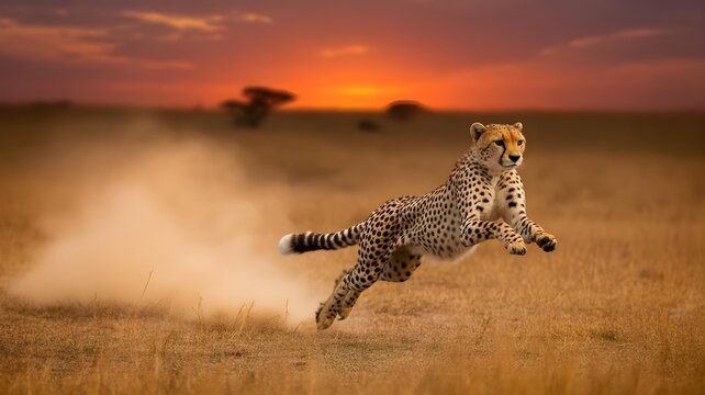 Cheetah running fast in savannah at sunset kicking up dust with powerful legs and spotted fur