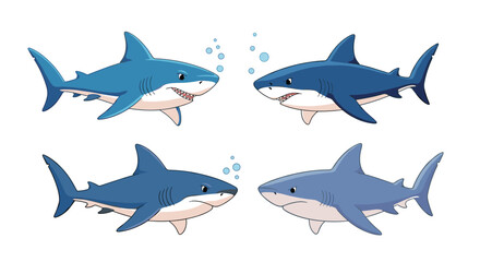 Fototapeta premium Illustration of four blue sharks swimming in pairs facing each other with bubbles rising between them in a playful marine scene.
