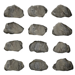 Textured grey boulder set 3D render isolated for design CGI limestone rock assets with layered sediment texture Realistic grey stone mockups with natural shading on black © graphicjack01