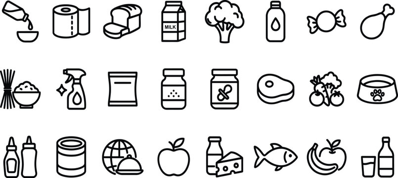 Various supermarket food products and kitchen icons set featuring cooking ingredients grocery items and daily supplies.