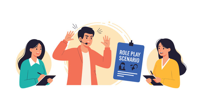 Business role play scenario, office training illustration, teamwork discussion, communication skills vector