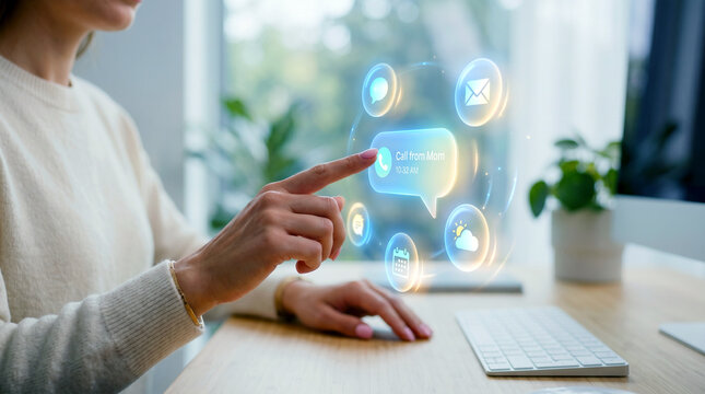 Woman interacting with smart home digital interface, virtual assistant control, IoT technology, home automation system, modern lifestyle innovation
