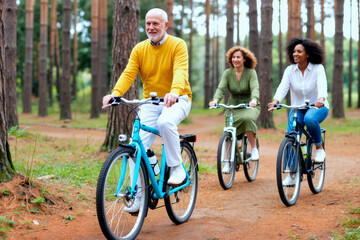 Fototapeta premium Senior Caucasian man leading diverse women riding bicycles on forest trail, promoting active lifestyle and social connection. Ideal for wellness, retirement, recreation marketing