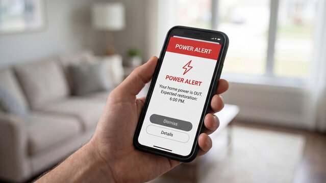 Power alert mobile notification warning about home electricity outage with expected restoration time for residential emergency preparedness and utility service communication management