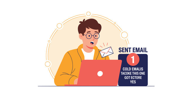 Businessman sending cold emails, email marketing, online communication, vector illustration