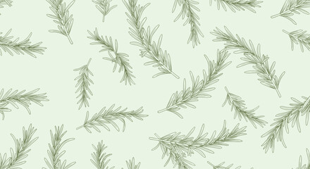 Fototapeta premium Seamless pattern design featuring hand-drawn green rosemary sprigs in an organic and tossed layout on a soft light green background.