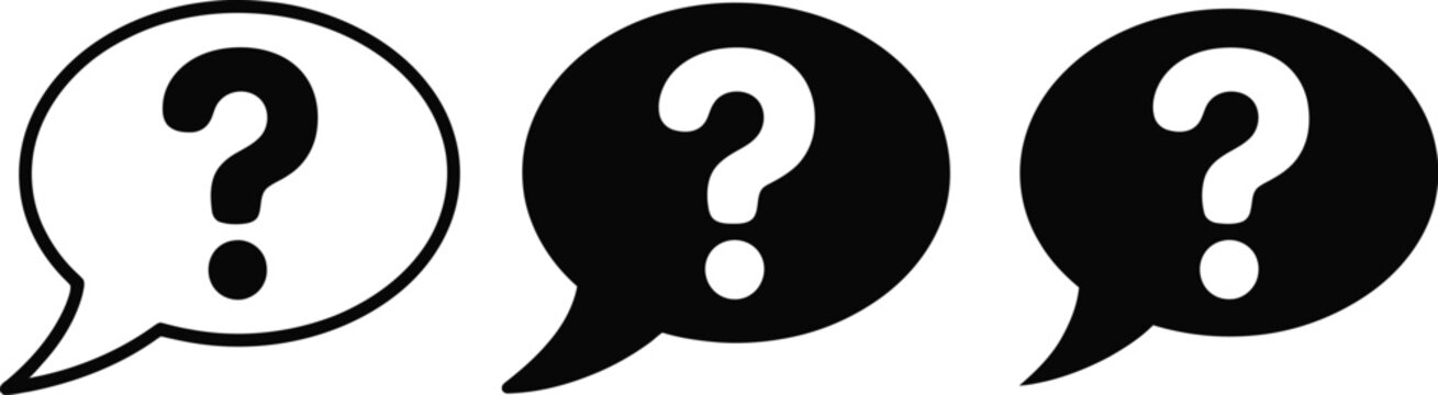 Question mark speech bubble icon set, collection of inquiry symbols in chat bubbles on white background for FAQ help support and communication design.