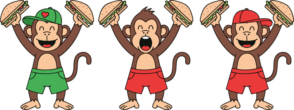 Set of cute funny cartoon monkey characters wearing caps and shorts holding hamburgers with happy expressions isolated on white background vector illustration
