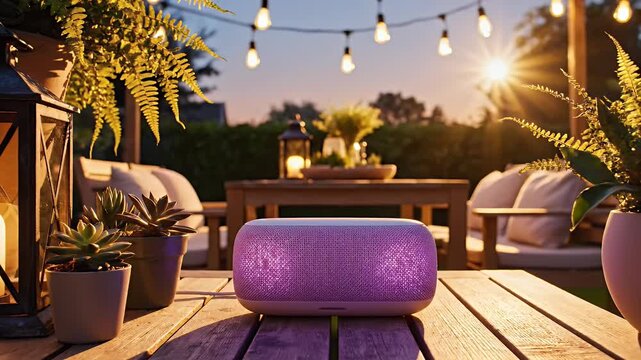 A cozy outdoor patio scene features a smart speaker illuminated with vibrant blue light, surrounded by lush greenery, lanterns, and string lights at sunset.