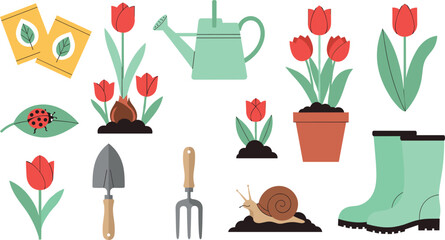 Spring Gardening Icon Set with Tulips, Tools, Watering Can, Snail, and Boots for Nature, Floral, and Seasonal Design Projects © Surjo