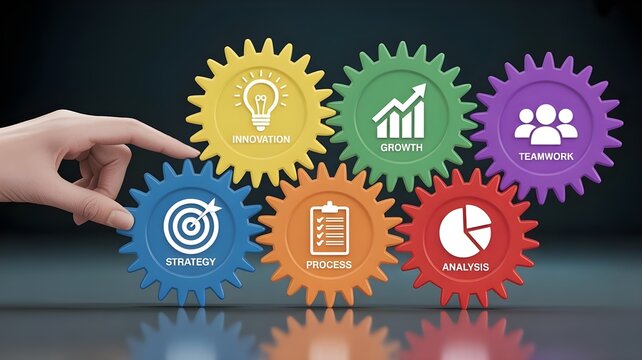 Business strategy and growth concept with hand pointing to colorful gear icons representing teamwork analyze process strategy and innovation on dark background with reflection