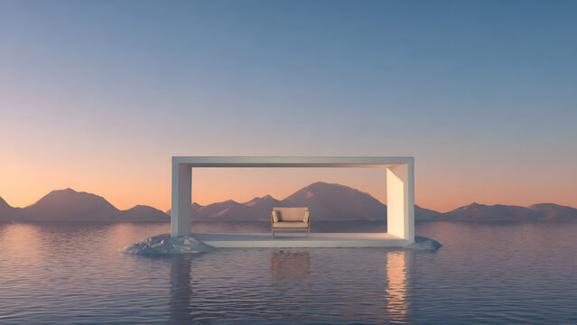 Minimalist luxury armchair in a white geometric frame on water with mountain sunset background
