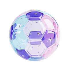 Naklejka premium Crystal soccer ball with pastel gems, 3D glass football illustration, sparkling jewel sports equipment in purple and blue, luxury athletic trophy