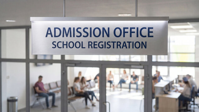 Admission office school registration sign at educational institution entrance with students waiting for enrollment processing and academic administrative services in modern facility